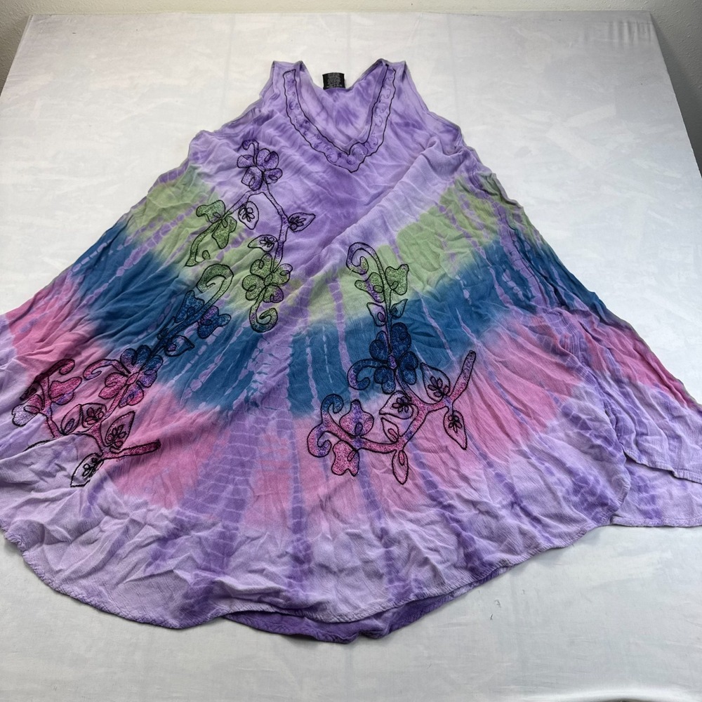 NF Dress Women Free Size Multi Tie Dye Embroidered Floral V-Neck Sleeveless Boho